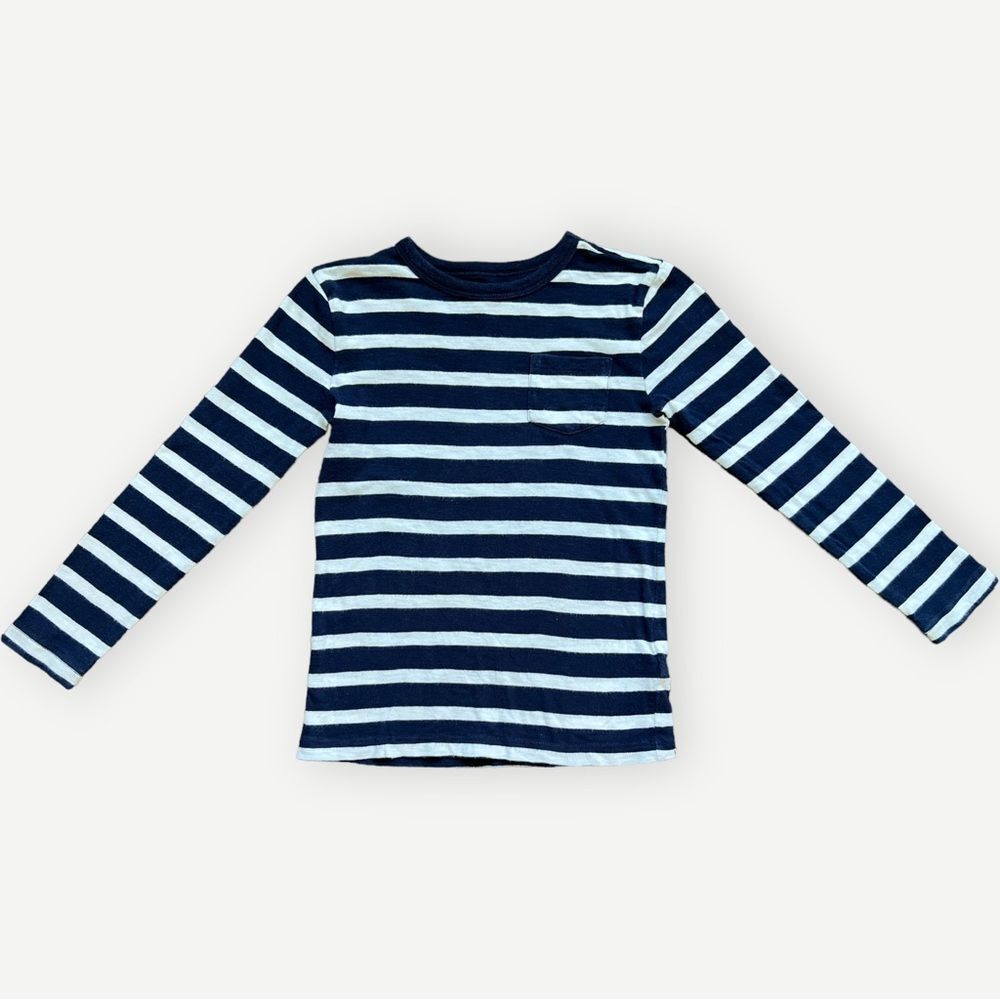 Crewcuts Boys Kids Long Sleeve Navy Blue & White Striped Crewneck Pocket Tee. XS